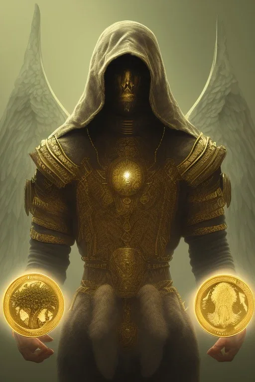 running berserker portrait , no face, black jogging suite , in the night Alps , holding coins , angels background, volumetric gold light, high detail, dark leaf tree, dark mountains in background, perfect, HR Giger style