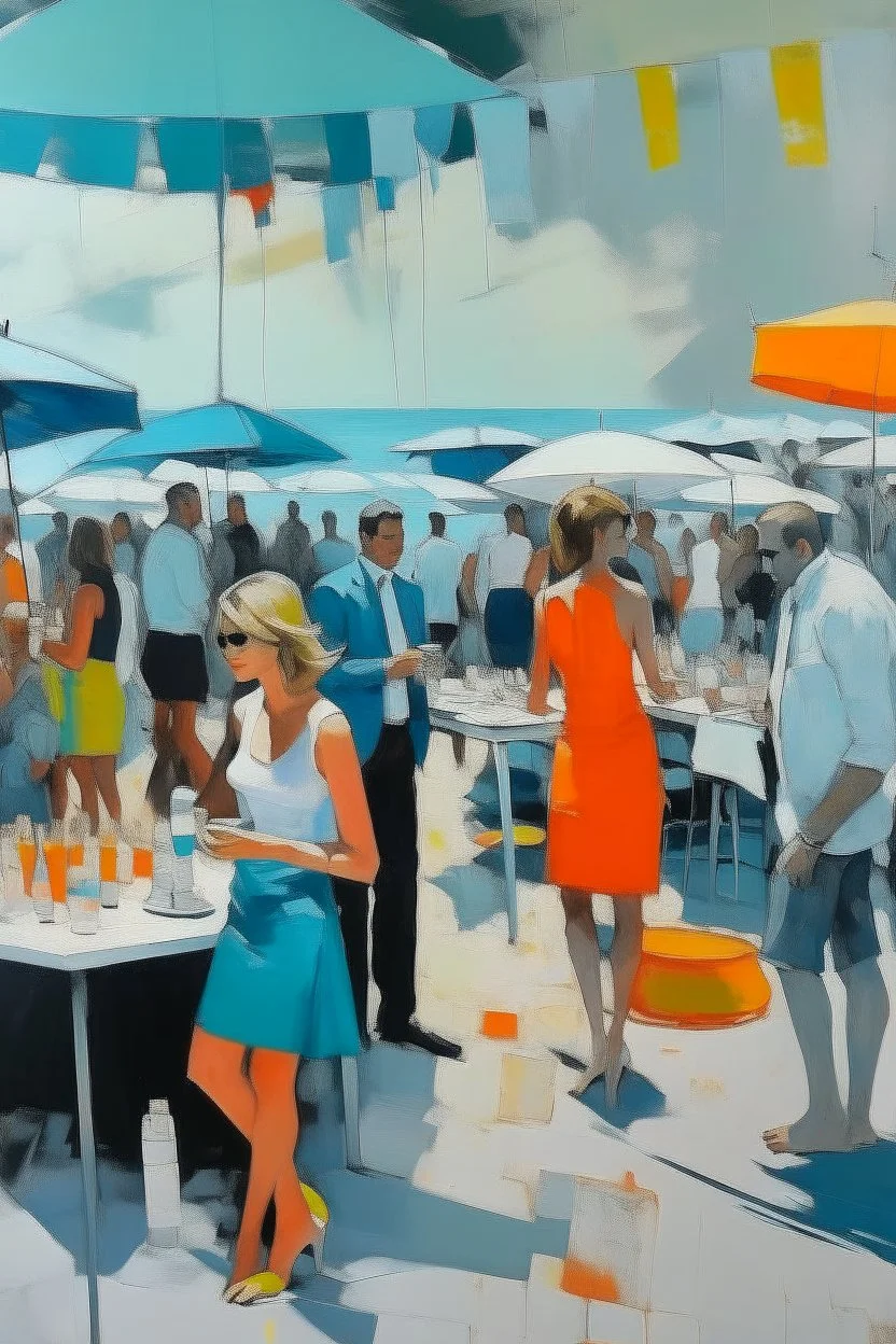 painting in the style of kristoffer zetterstrand, with mixed media — hotography, acrylic, graphite — with the theme of corporate beach party