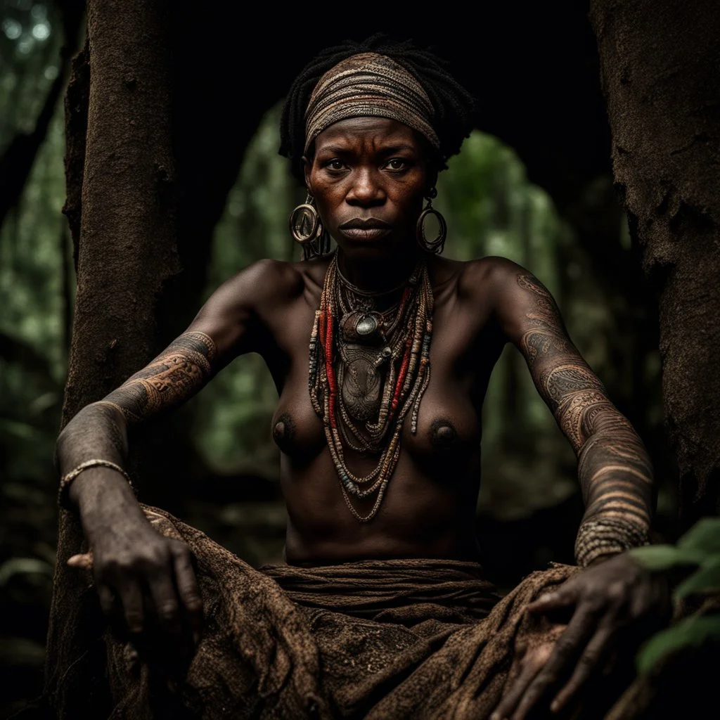 Behold the powerful alluring and pretty african congo shaman woman, her body adorned with mystical tattoos, in the middle of congo jungle. intricate details, HDR, beautifully shot, hyperrealistic, sharp focus, 64 megapixels, perfect composition, high contrast, cinematic, atmospheric, moody