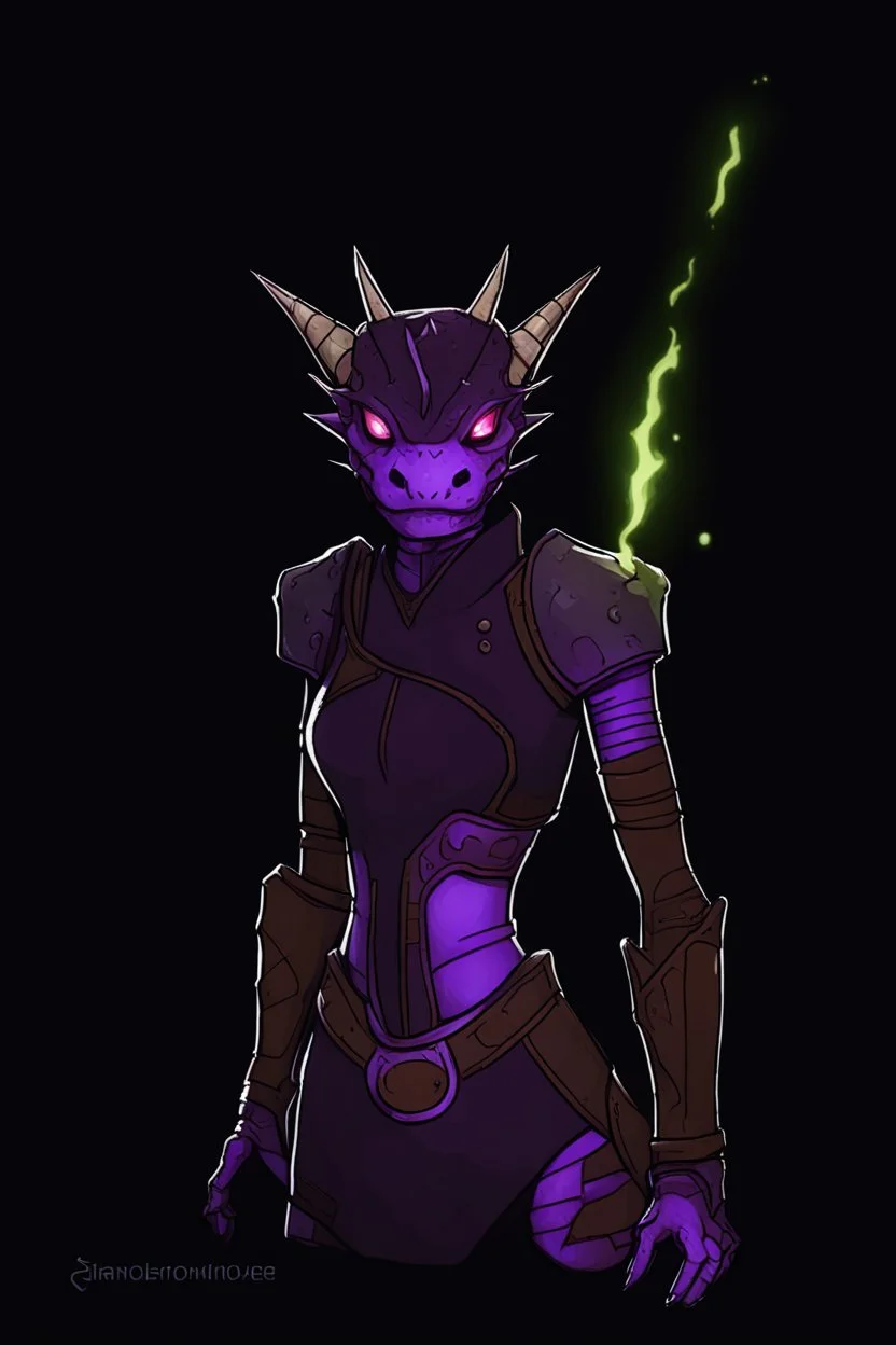 a black and purple, female argonian artificer who uses Tesla coils as weapons, skinny, lightly armored