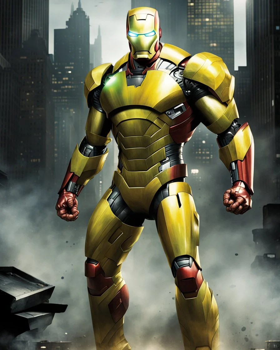 Super Iron Man, and yellow armor, kryptonite powered, built by wayne enterprises, batman,