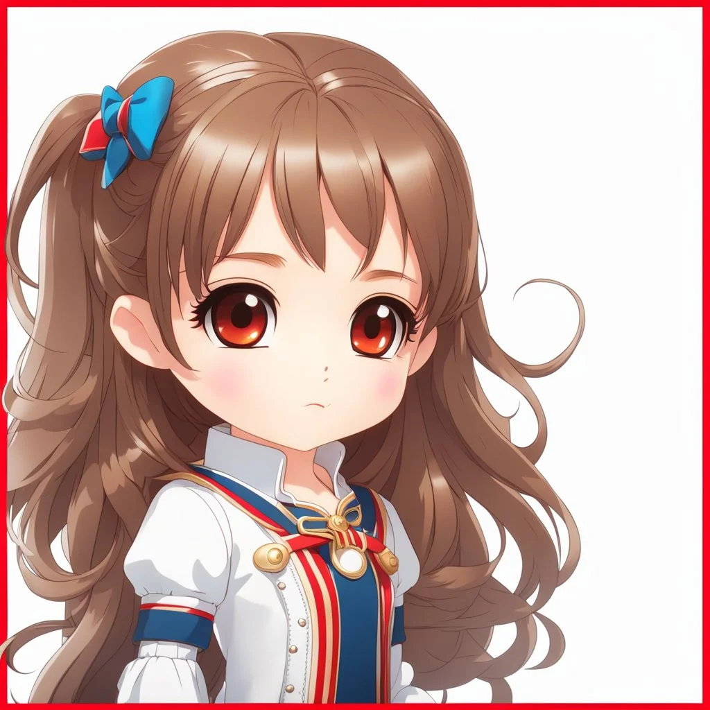 (close-up headshot) of a 4-year-old girl with long brown hair, (vibrant red eyes), adorable, cute, intricately detailed, masterpiece, anime chibi doll, 4k, American