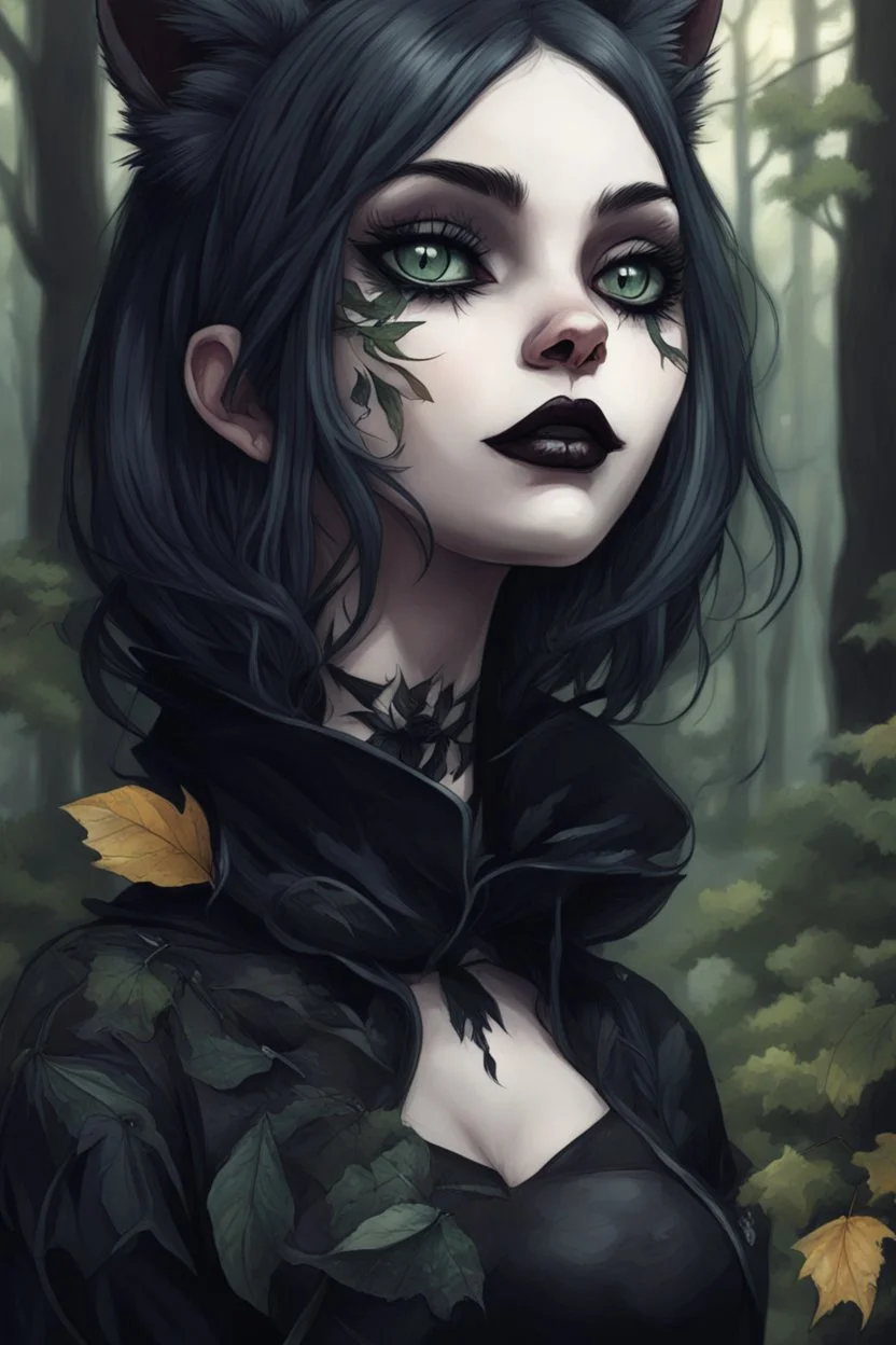 CAT GIRL, goth, forest, nature, cartoon, leaves, boobs, portrait, colour image