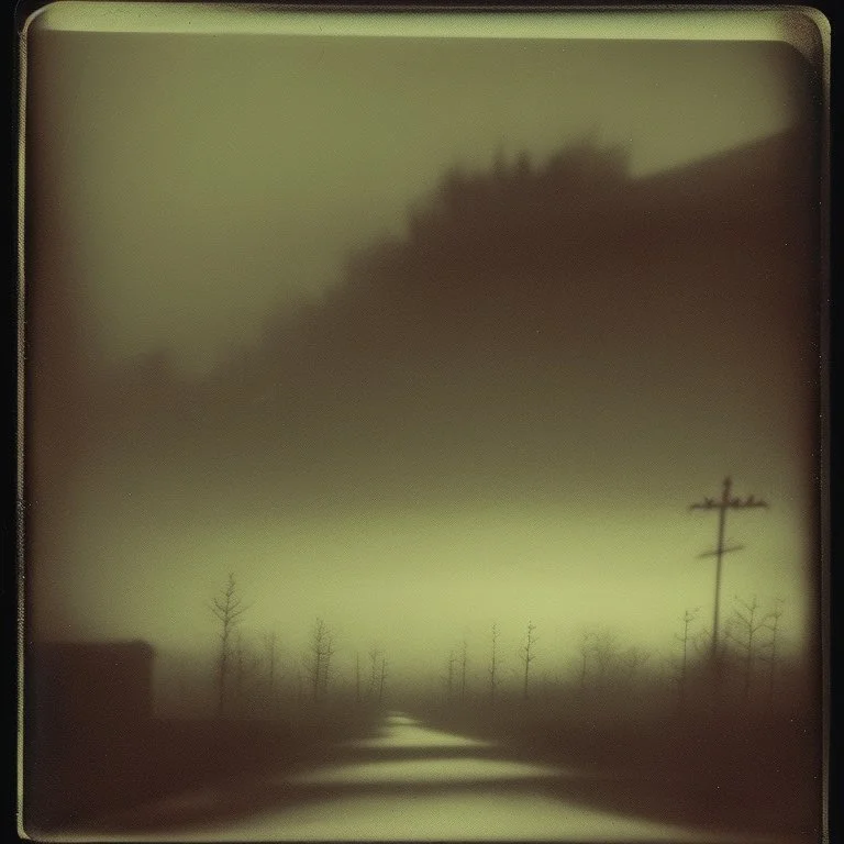 Dark street creepy fog colours strong texture artistic polaroid volumetric light nightmare Yves Tanguy