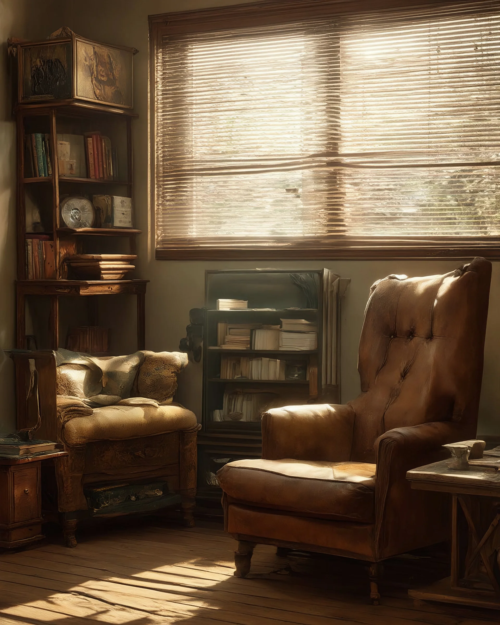 Very old stuff in a room, wide angle view, nostalgia, '50 style, realistic rendering