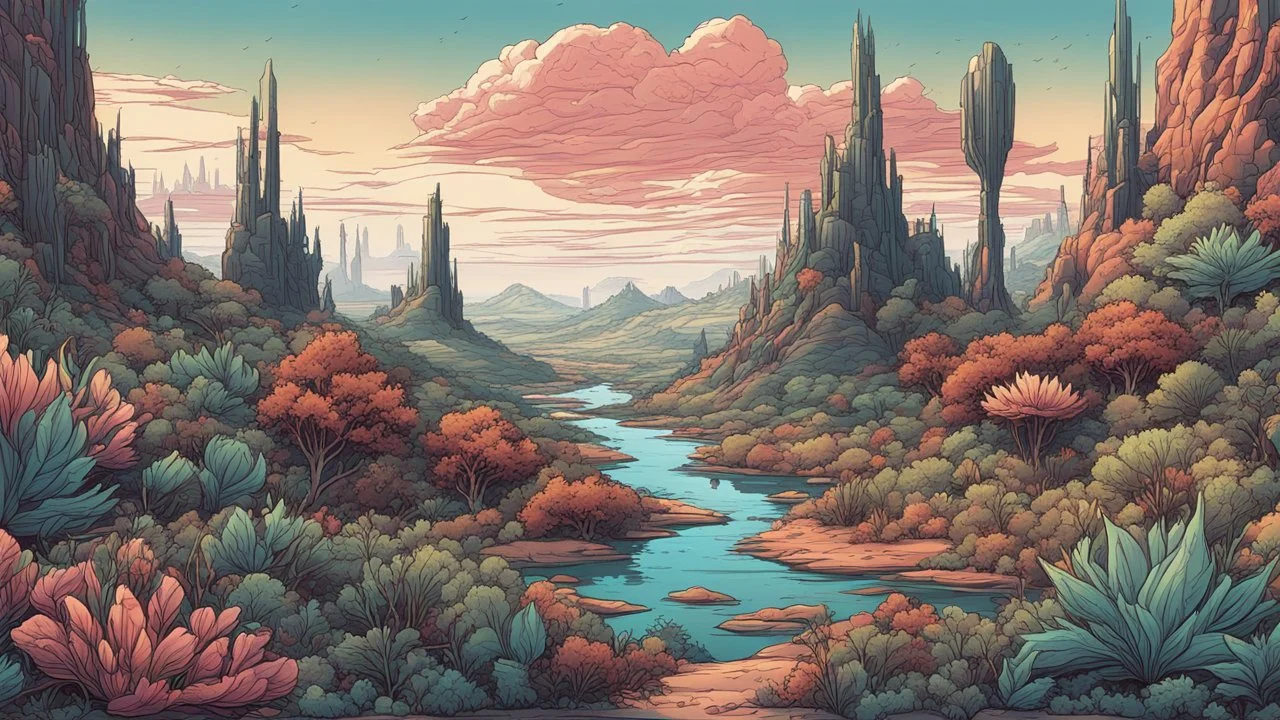 comic style, highly detailed ,gorgeous otherworldly landscape, otherworldly plants