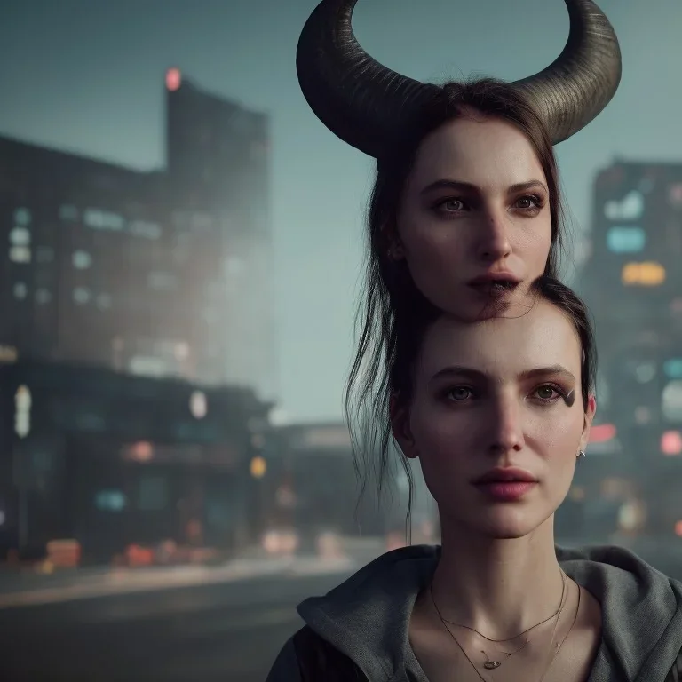 a moody medium-close-up shot of an attractive woman with a gentle smile and ram horns. She's standing on a cyberpunk city sidewalk , high-resolution