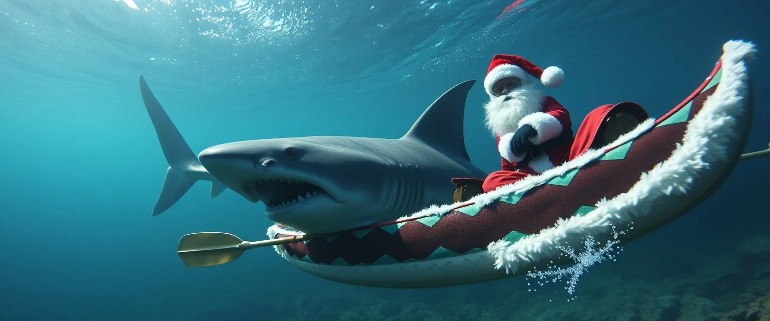 prehistoric shark fish ogre santa beneath kayak