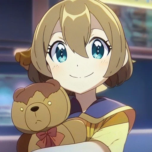 Clear focus, High resolution, a anime kid, cute, cartoony style, smiling, anime screencap, hair between eyes, holding a brown teddy bear