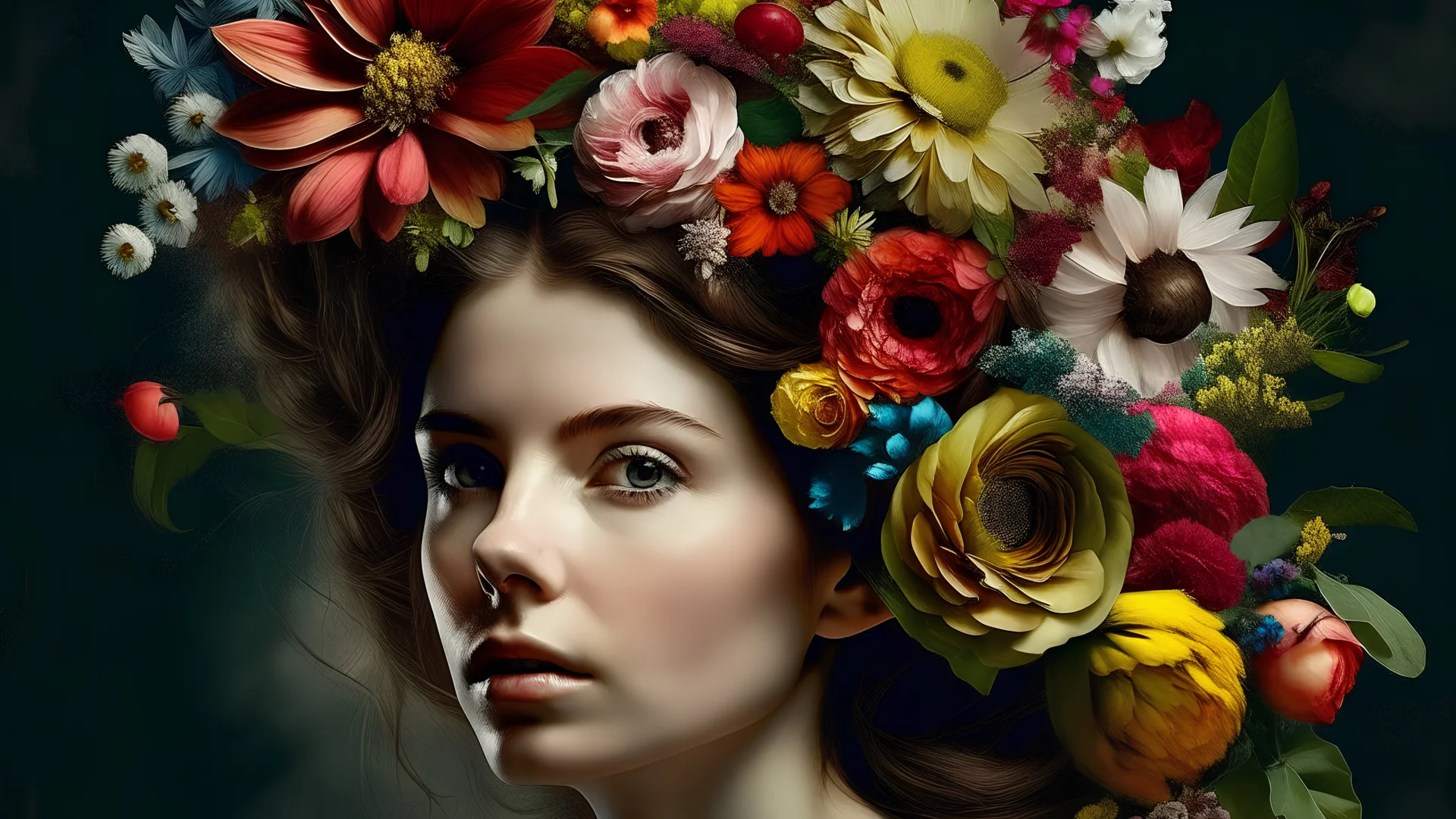 there is a woman with flowers in her hair and a flower crown, woman with flowers, female portrait with flowers, beautiful digital artwork, contemporary artistic collage, by Adam Marczyński