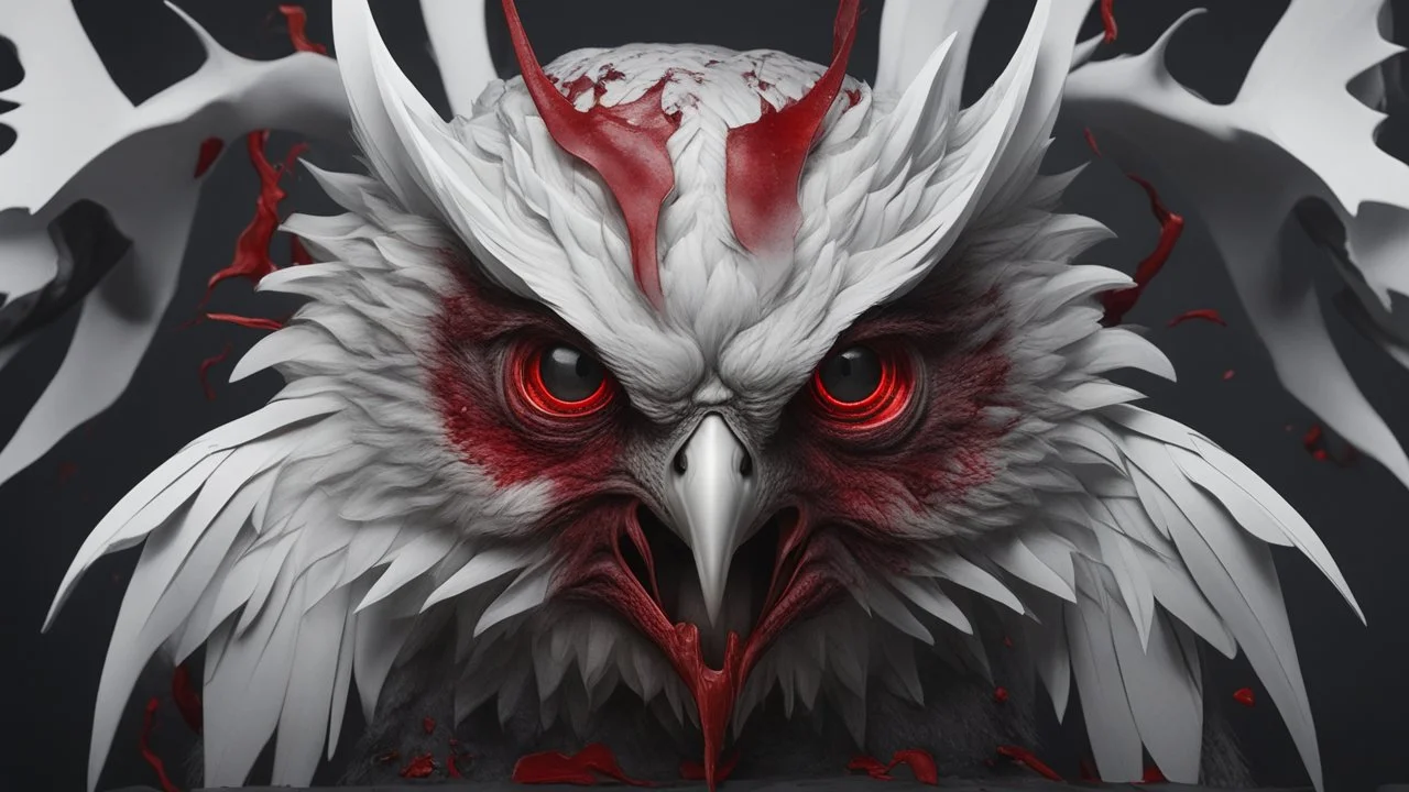 a white evil Owl with fangs, bloodshot eyes, blood, horror, that looks into the camera, hyperrealistic, extremely detailed, 8 THOUSANDS mystical, trending on artstation, sharp focus, studio photo,Halloween Alchemist , high voltage, thunder light,closeup, proactive scene, provocative moving, action pose, modern and futuristic HD colored black and red decor beautiful black empty in a high voltage pumpkin, double exposure, halo, perfect composition, highly detailed,