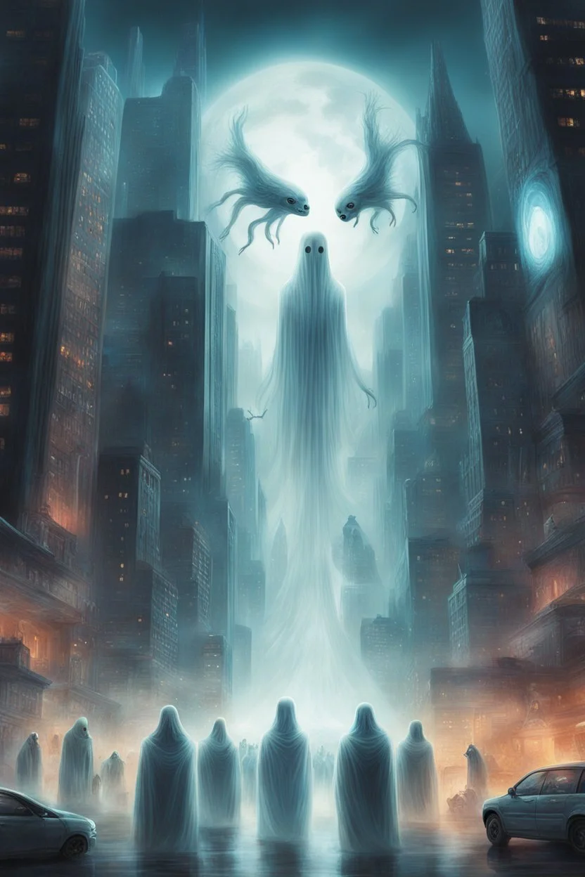 A captivating depiction in digital form, showcasing a plethora of extraordinary ghost creatures thriving within a surreal and lively ghosts realm. This imaginative artwork embodies the essence of science fiction, presenting a medium shot composition with fantastical beings that are unique, belonging to a world beyond our own. A modern city out of this world enhanced by atmospheric lighting, and breathtaking landscapes. Busch painting style nightmare