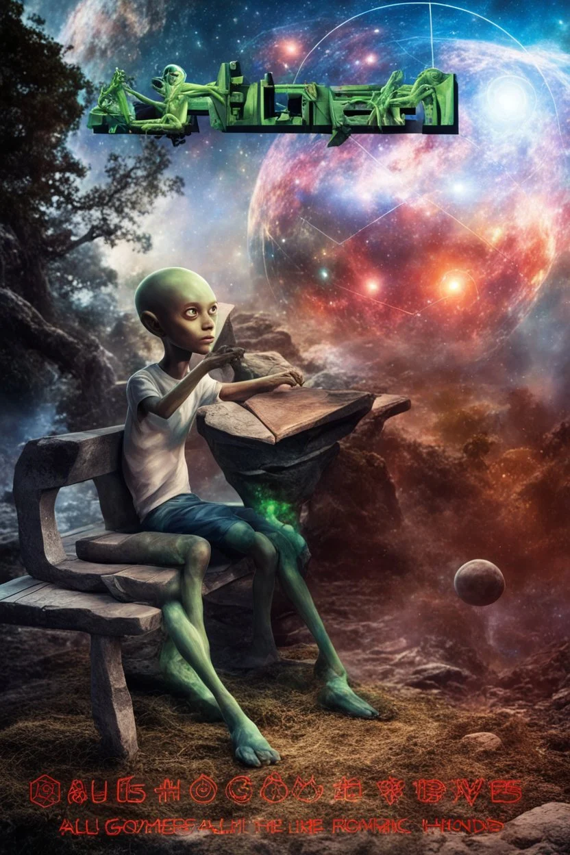 alien and a boy sitting on a bench. alien is howing boy with his alien hand the universe that boy never saw with his human eyes. there are geometric stuff all around and some planet stuff. boy and alien are friends. realistic style, like photography.