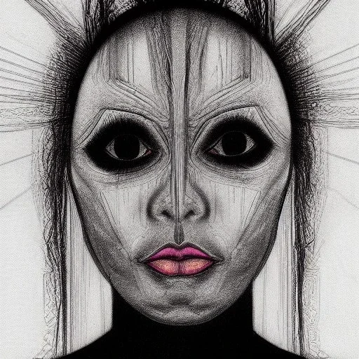 Silver on black paper portrait of female face of migraine, face distorted with pain, reverse colors, screaming, tears streaming from eyes, colorless, glitchcore, dystopian, horror, ultra realist texture, intricate line drawing,