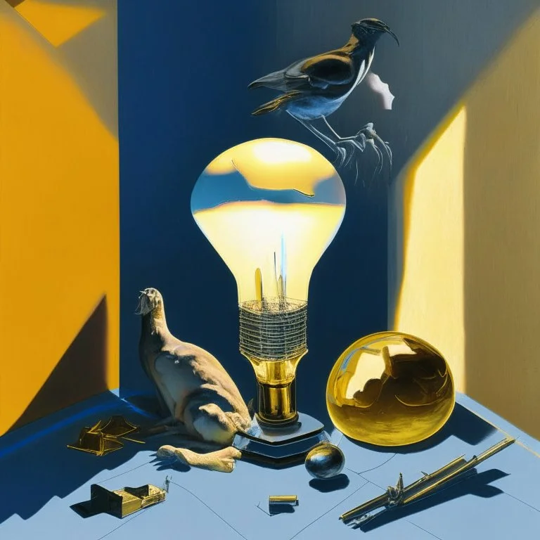 Abstract painting formed by a mix of human flesh-like surgical instruments and universe-like neuralink, a cat looking at a pigeon inside a huge bulb between light and shadow at dusk,surrealism,minimalism,Painting By Adrian Ghenie, Rene Magritte, Salvador Dali, Lucian Freud