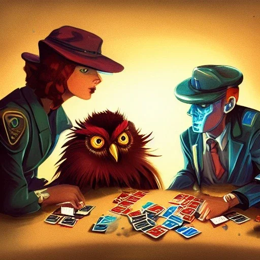 spanish illustrator, seppia colors, three owls playng cards in 1945, mafia, cyberpunk, high details, 4k, bar iterior, broken bottles, dollars on the table, rendering, cinematic, raining