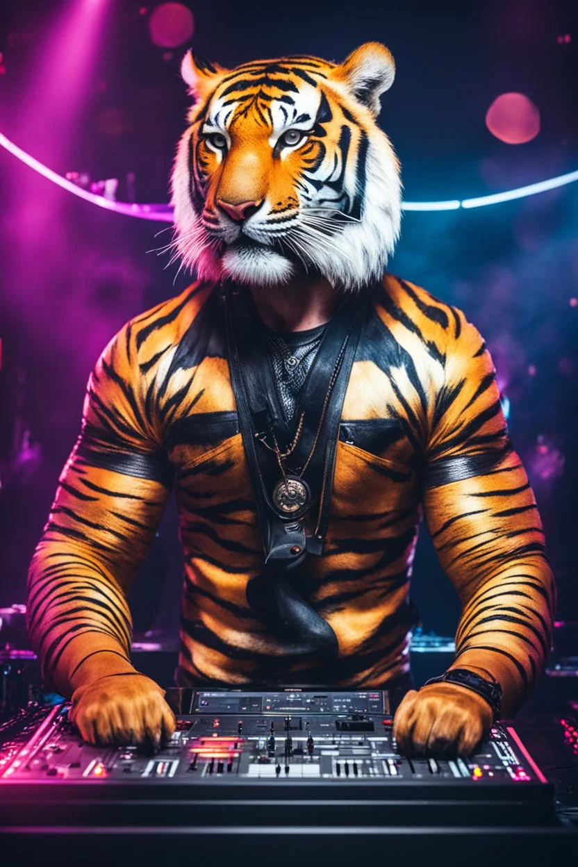 Half body Photography Humanoid Tiger as dj player smusical self expression play dj in disco club