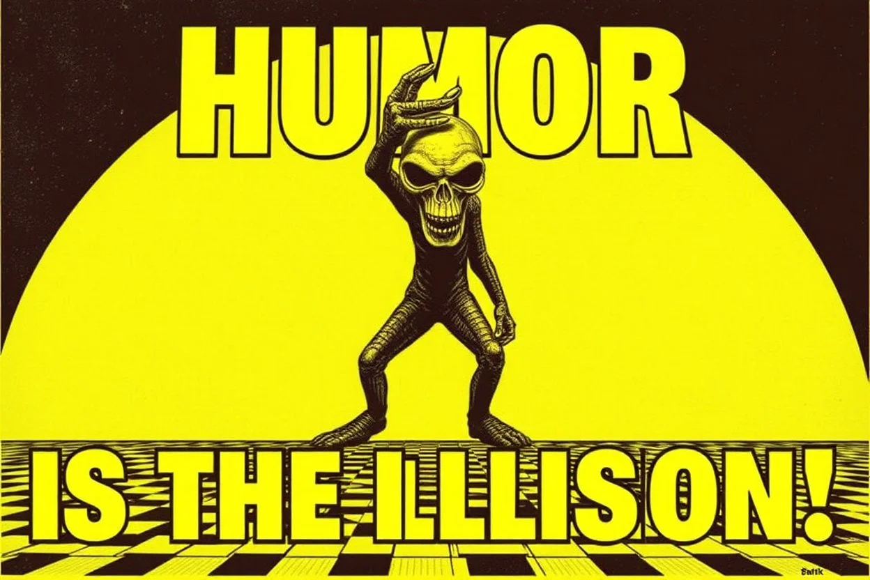 "Humor is the illusion!" propaganda poster in the style of Rembrandt, Escher and Giger
