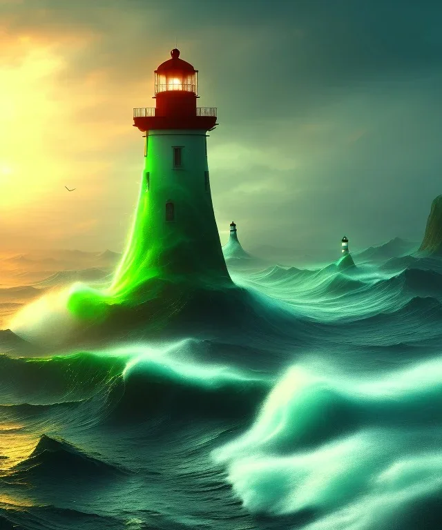 Fantasy, light house, surreal, green waves crashing below, 8k, sunrise, sketch