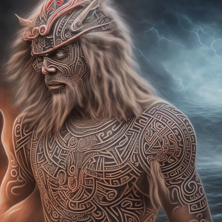 maori. guerrier. tatouage tribal noir visage. Hakka. Rituel. Océan tourmenté en fond. Orage en fond. Lune en fond. 4k. Iron maiden. Yeux rouges.