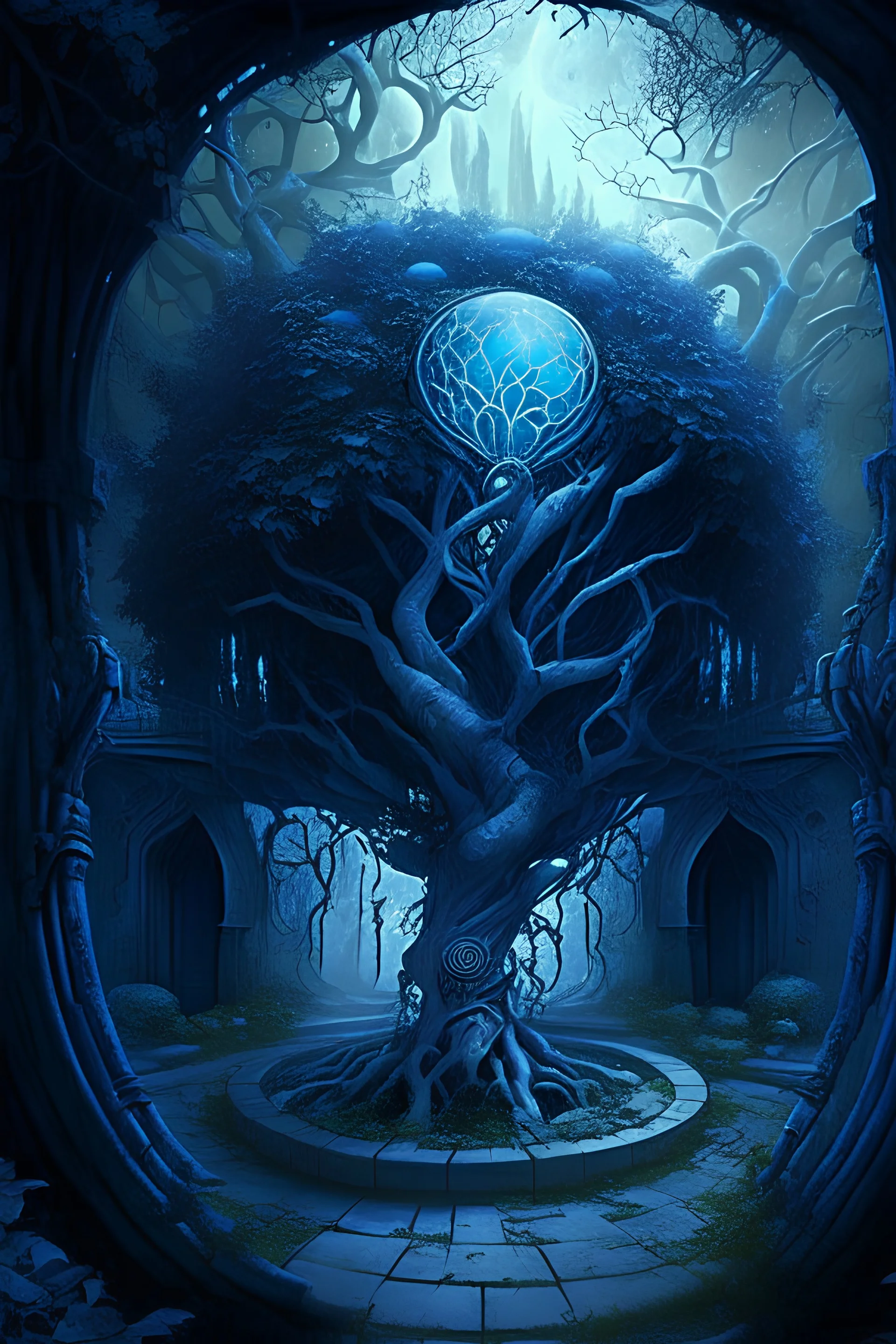 A frightening blue Persian sci-fi garden dungeon with a silver apple tree at its center