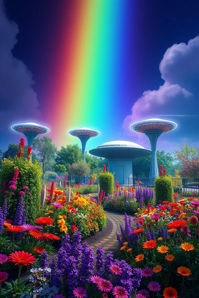 colors, very beautiful, ,flowers, garden,rainbow, cité futuriste ultra moderne, ufos