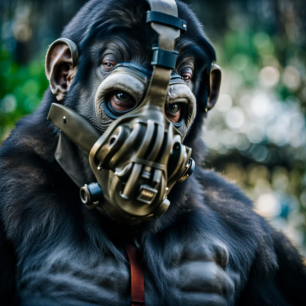 Ape Creature in a breathing device, gas mask, respirator Christopher Nolan, Dystopian, Extreme depth of field, bokeh blur, Alberta, all-natural, in the style of candid, imperfection, natural lighting, Fuji Film, Anamorphic lens