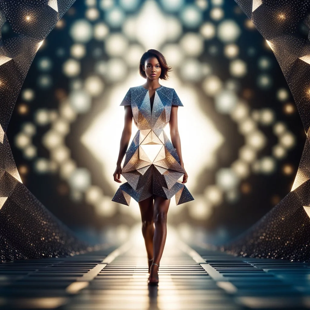 A full-body shot of a beautiful lady walking and looking at the camera within an intricate origami-style 3D fractal interstellar world. The image uses a blurred bokeh effect, folded paper aesthetic, geometric precision, sharp subjec