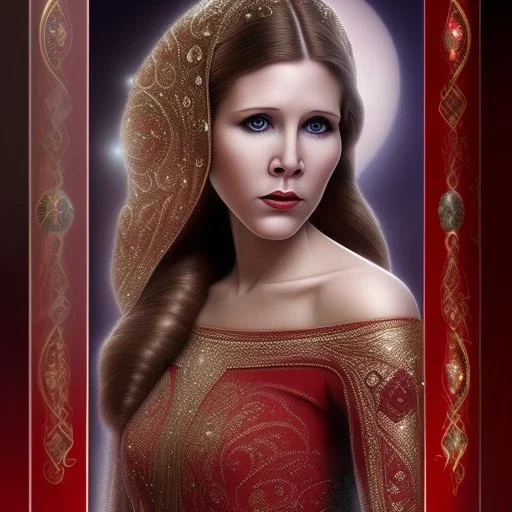 pltn style, beautiful carrie fisher, red, jeweled veil, tall, slender, long hair, smooth, flawless skin, deep, mysterious eyes, red gown, intricate beading, sparkling jewels, diamonds, rubies, regal, dignified, graceful, fluid, ethereal quality, light steps, roses, jasmine scent, shimmering light, spirit, hope, joy, mortal, extraordinary beauty, charm, mystery, legend, fascination, cute big circular reflective eyes, Pixar render, unreal engine cinematic smooth, intricate detail