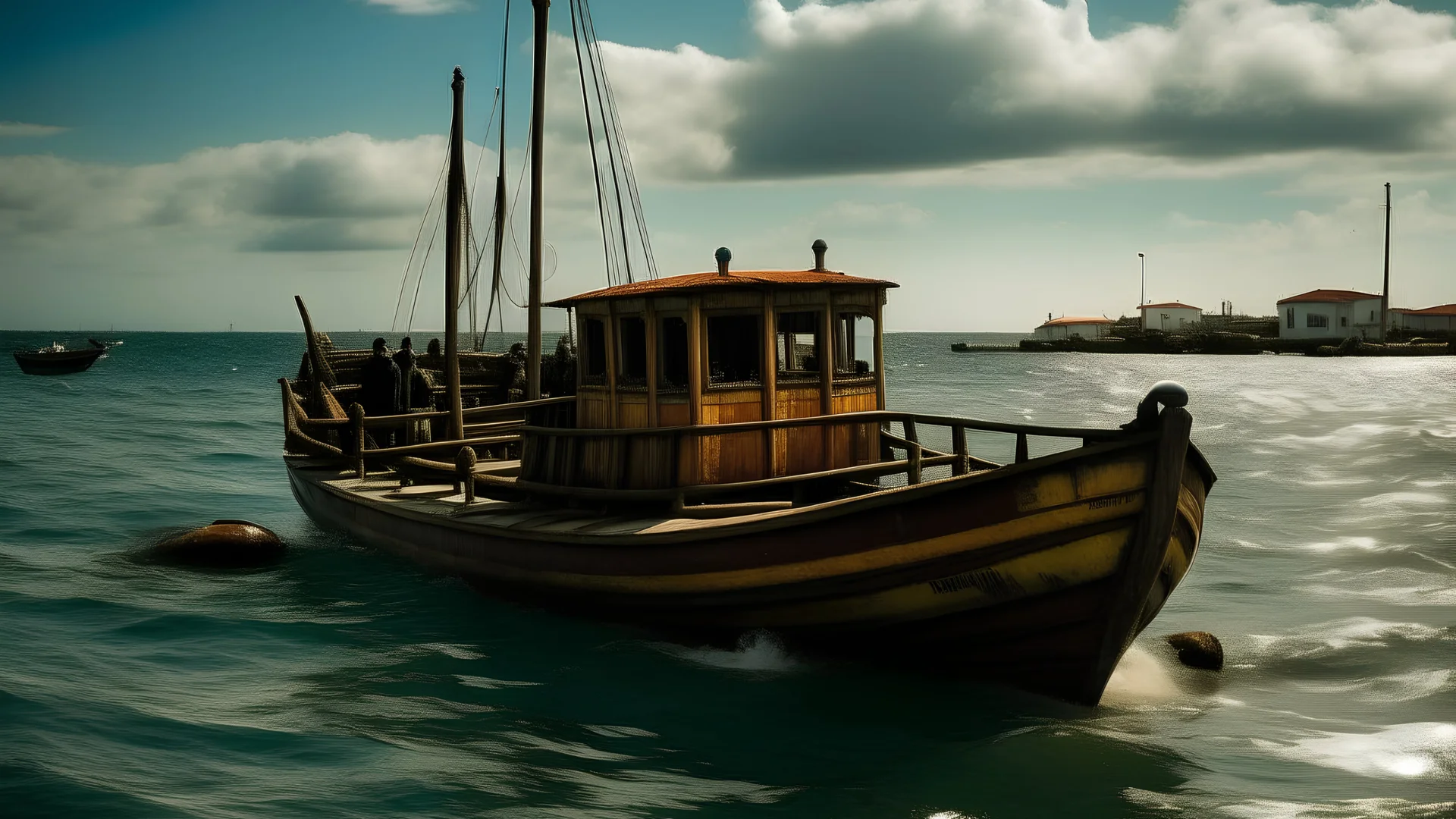 Un barco partiendo del puerto al estilo Salvador Dalí.