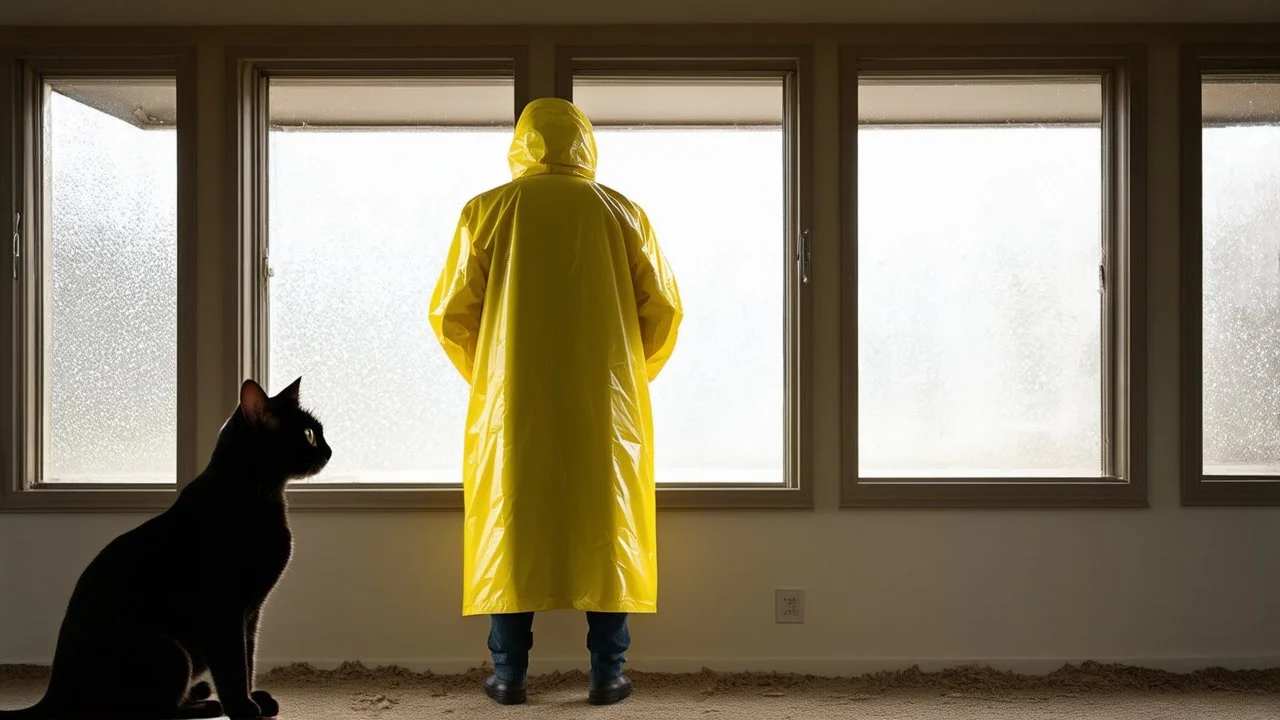 A person wearing a yellow raincoat is standing in a deserted room looking out a window. A black cat is sitting nearby, watching the person.