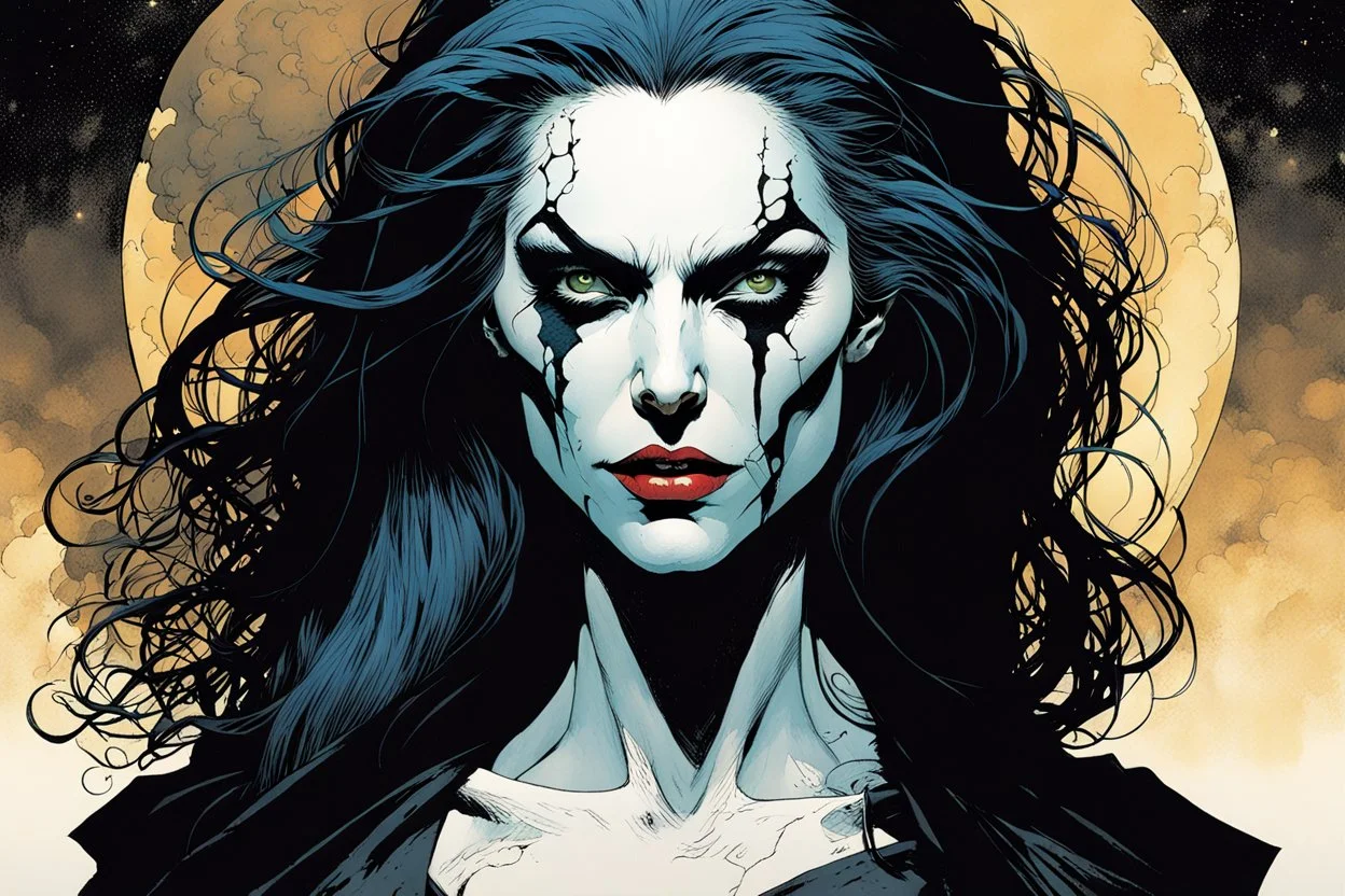 create an arcane, ethereal, otherworldly ancient female Bruxa vampire , in the comic book art style of Mike Mignola, Bill Sienkiewicz, John Romita Jr., Leonardo Romero, Simone D'ARMINI, and Jean Giraud Moebius, with highly detailed feminine facial features , finely penciled and inked , dramatic natural lighting