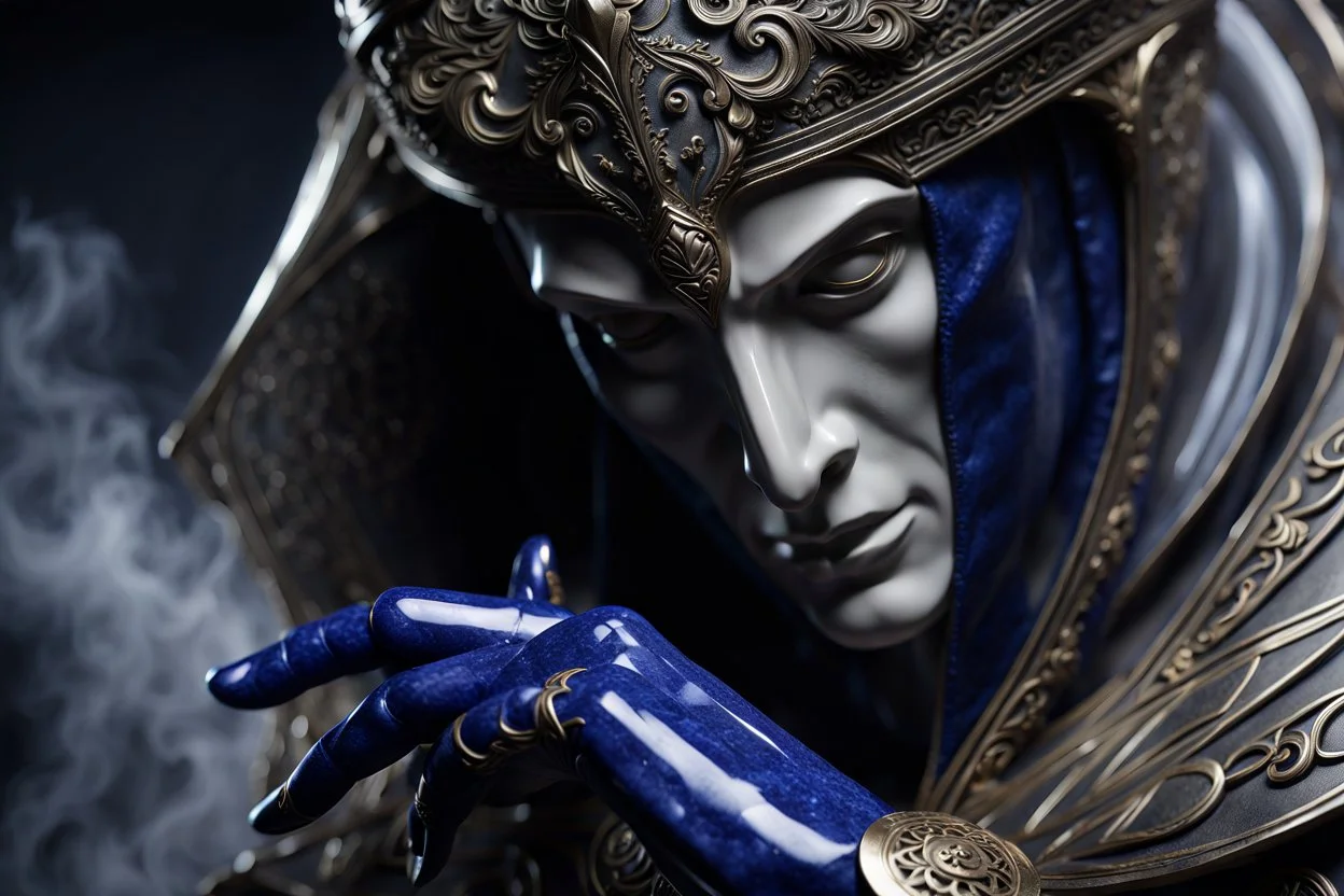 highly detailed marble and lapis lazuli sculpture of a male necromancer, transparent nail polish, beautiful hands, stunning face, volumetric fog, Hyperrealism, breathtaking, ultra realistic, unreal engine, ultra detailed, cyber background, Hyperrealism, cinematic lighting, highly detailed, breathtaking, stunning environment