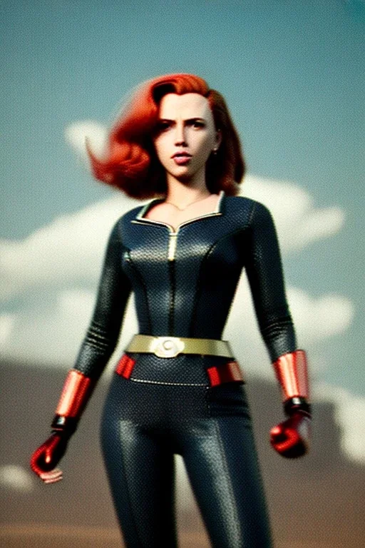 retro portrait image from 1960, sky background, wind, long red hair, fighting stance, sweet young Scarlett Johansson, black dress, classic long tight lycra black suit, gold bracelet and belt, high heel boots, superhero style, black widow, soft color, highly detailed, unreal engine 5, ray tracing, RTX, lumen lighting, ultra detail, volumetric lighting, 3d, finely drawn, high definition, high resolution.