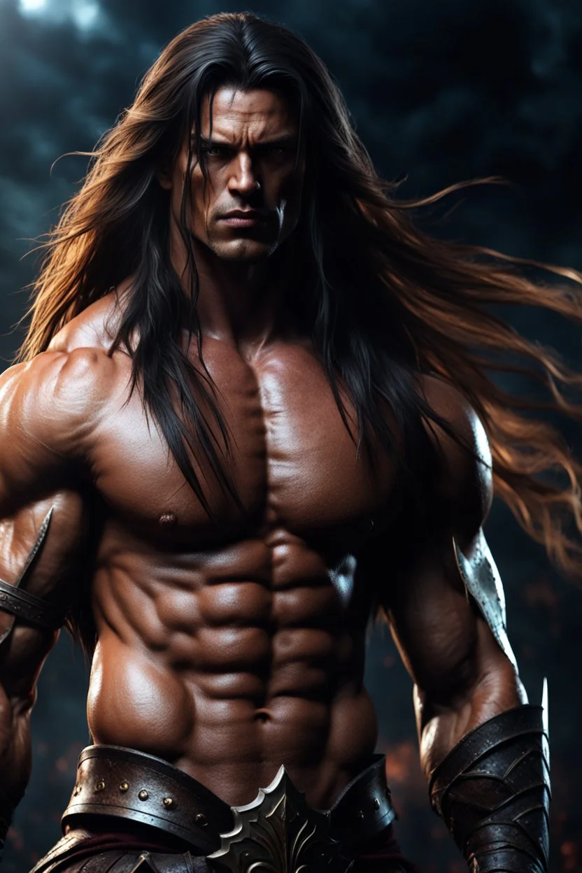 Muscular male warrior with long hair. Photorealistic. 4k. Dark Fantasy