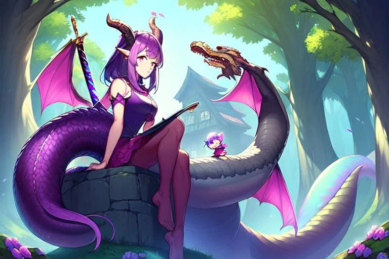 House, forest,pink crystals, girl , purple hair, big dragon tail, dragon horns, sit, dragon ear , have sword, dragon foot ,