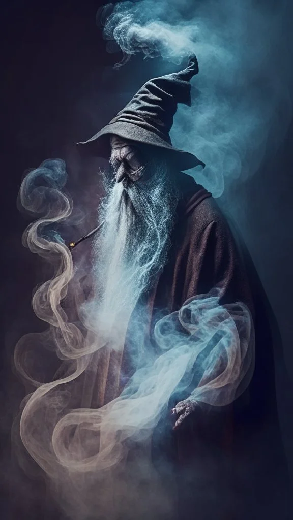 old wizard disappearing into thick smoke