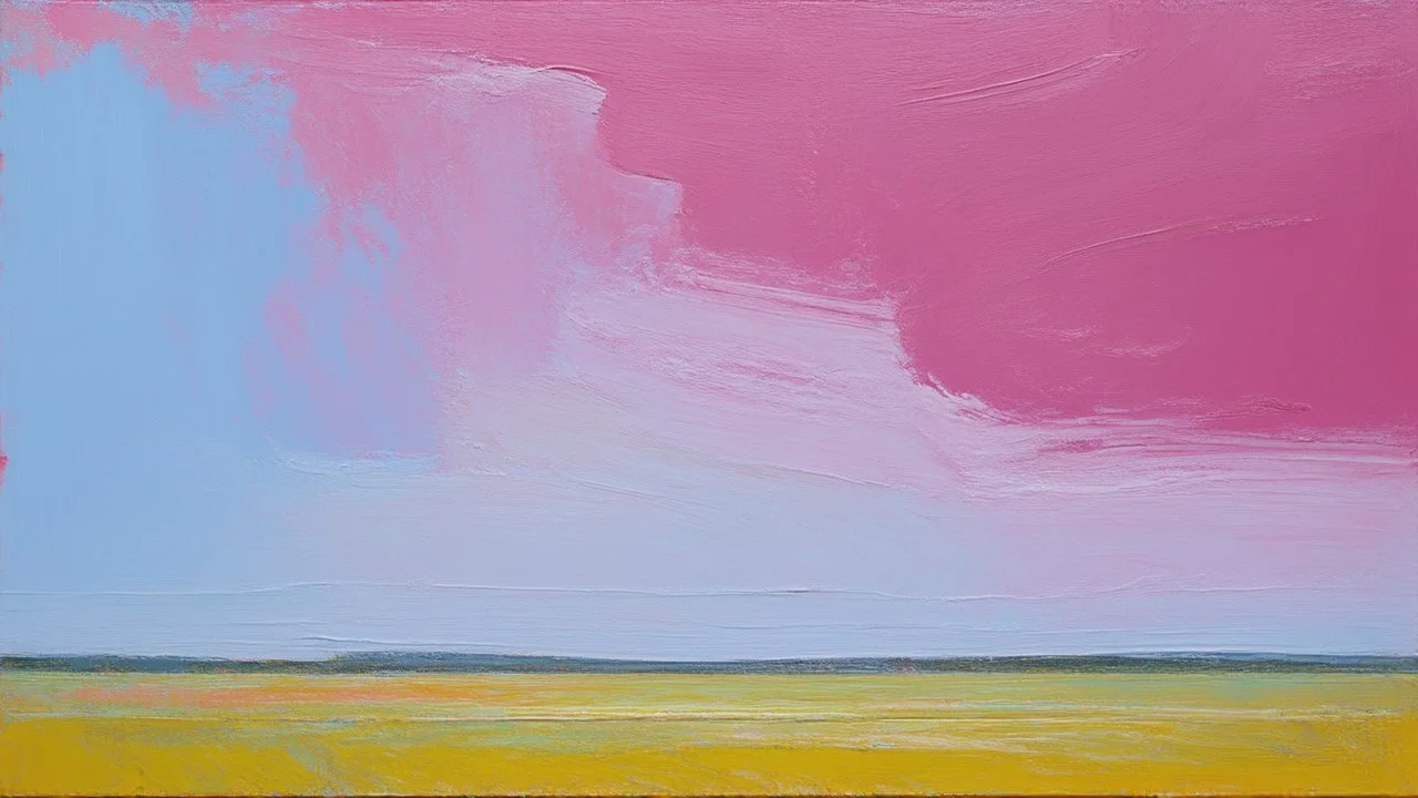 Gran lienzo con amplios campos de color magenta translúcido y azul pálido que se funden suavemente sin transiciones abruptas, superficie completamente uniforme y sin pinceladas visibles, composición abierta y luminosa que prioriza la relación óptica del color sobre la expresión emocional, estilo de abstracción pospictórica y Color Field Painting.