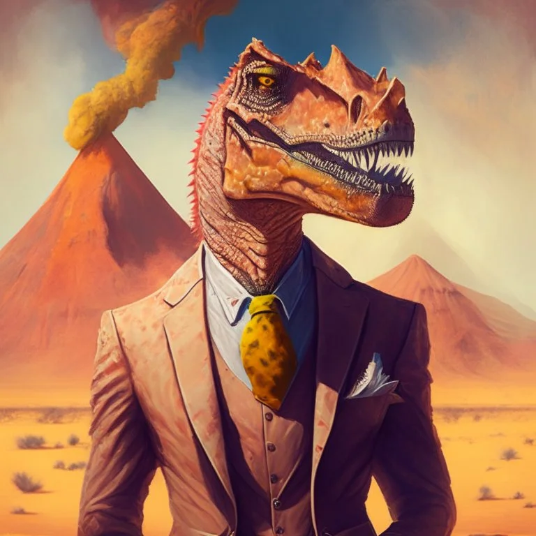 A portrait of a dinosaur man wearing a suit like a sineger vintage, in a desert with a volcano background. Magic the gathering style art.