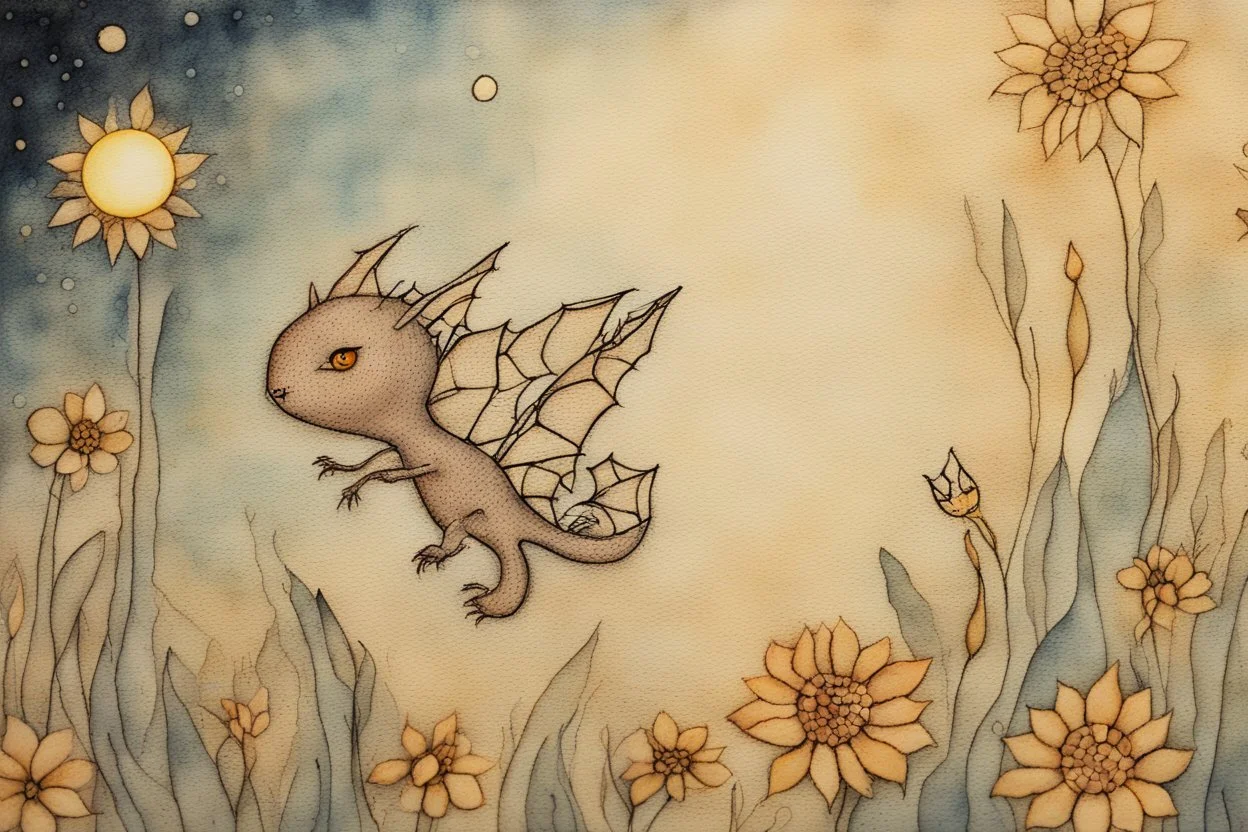 painted and burned burlap, moonlight, cute chibi dynamically jumping dragon, flowers, styles of Paul Klee Dee Nickerson and Tim Burton, melting watercolor and black ink outlines on wet paper, soft, shading strokes, in candlelight, ethereal, otherwordly, cinematic postprocessing, bokeh, dof