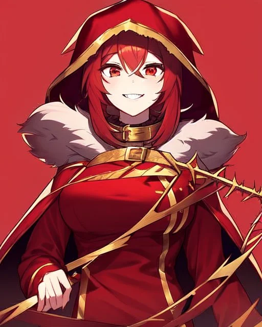 Smiling, girl with red clothes and a long Red blouse with a hood like that with fur on it, red eyes, has a personality evil, her teeth are sharp and one of them is gold, the one in the top left corner, Wears a collar with thorns around her neck, she is always irritated, dark red background