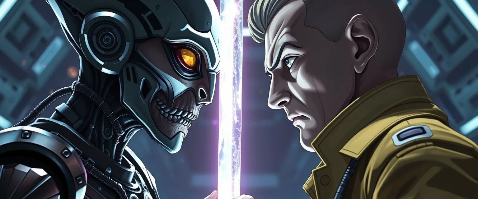 Close-up confrontation between an ancient alien outcast leader synth and a space broker, standing only a meter apart, intense eye contact, discomfort, glowing crystalline rod between them, anger mixed with sadness, dramatic facial expressions, shallow depth of field, cinematic lighting, stylized 3D anime, airbrush painting, crisp outlines, escher