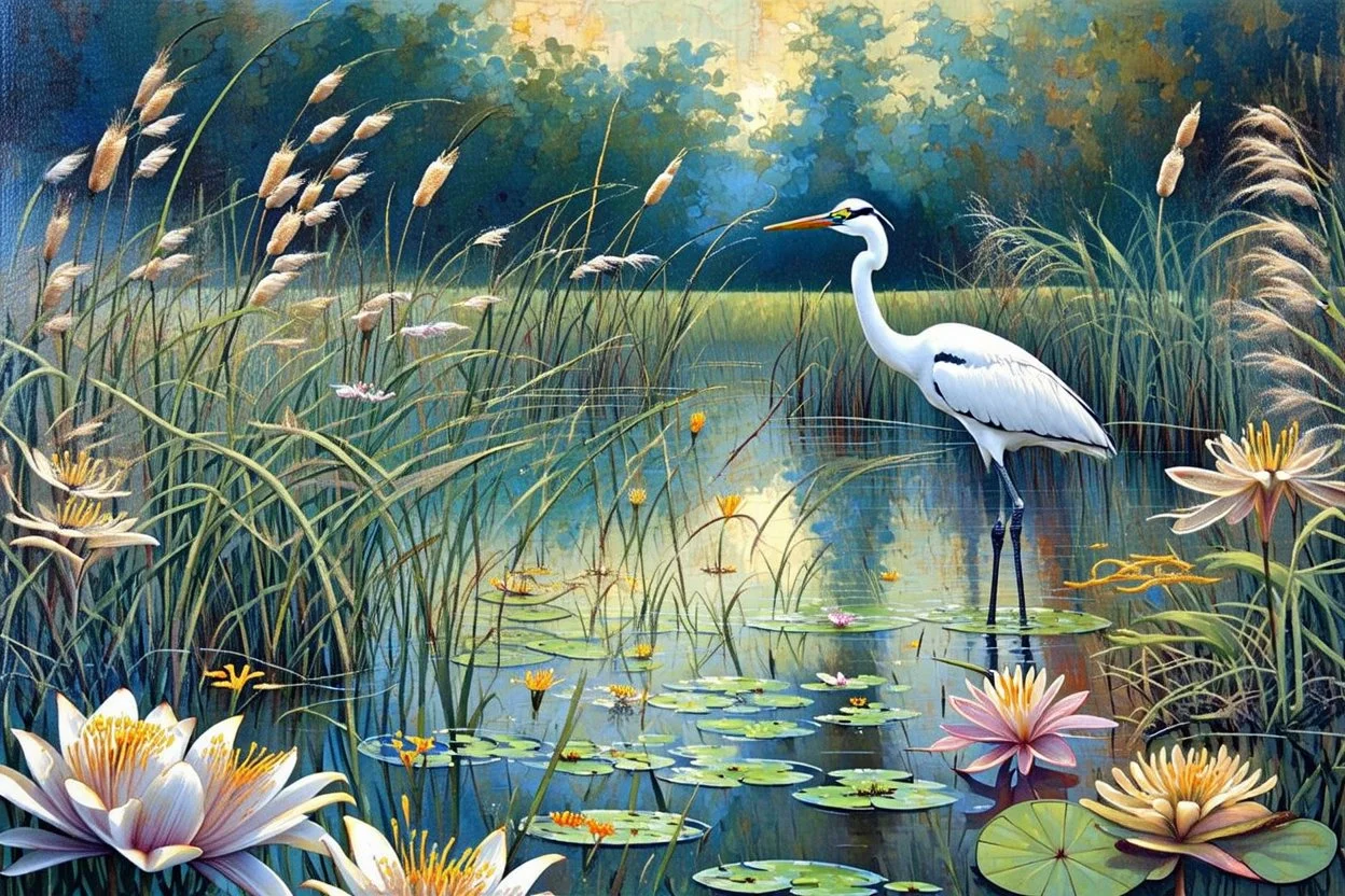 Richly textured mixed media layered painting in the styles of Georges Seurat, Samuel Palmer and Georgia O'Keeffe, a dreamy lily pond with wildflowers and lime grass, with a beautiful crane standing in the far background amidst a thicket of cattails. insanely detailed crisp HD quality. metallic pastel colours. Modifiers: Arthur Rackham Paul Klee pen and ink JAMES R. EADS dreamy expressionism 3D shading Edward Gorey metallic colors Esao Andrews Acrylic Pouring hallucinatory dramatic atmosphere and