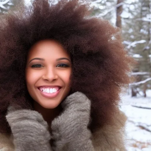 Image of a black woman with symetrical brown eyes, perfect smile, and brown coily hair in winter wonderland