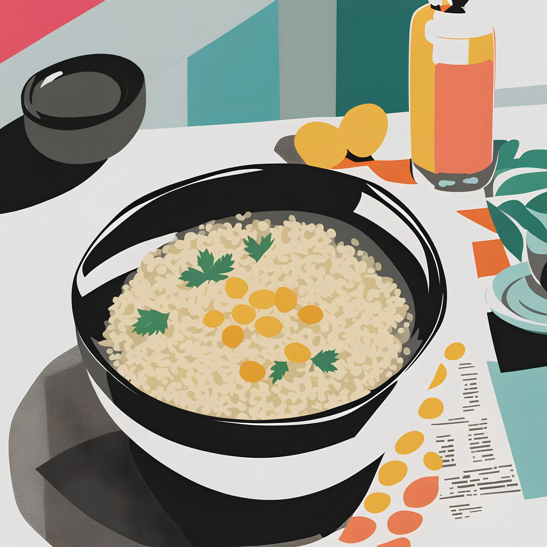 Collage, risograph, a bowl of risotto, (semi-overhead view:1.2), halftone pattern, modern design stylized, (ink paint:0.8), (tint leak:1.2), bold solid colors