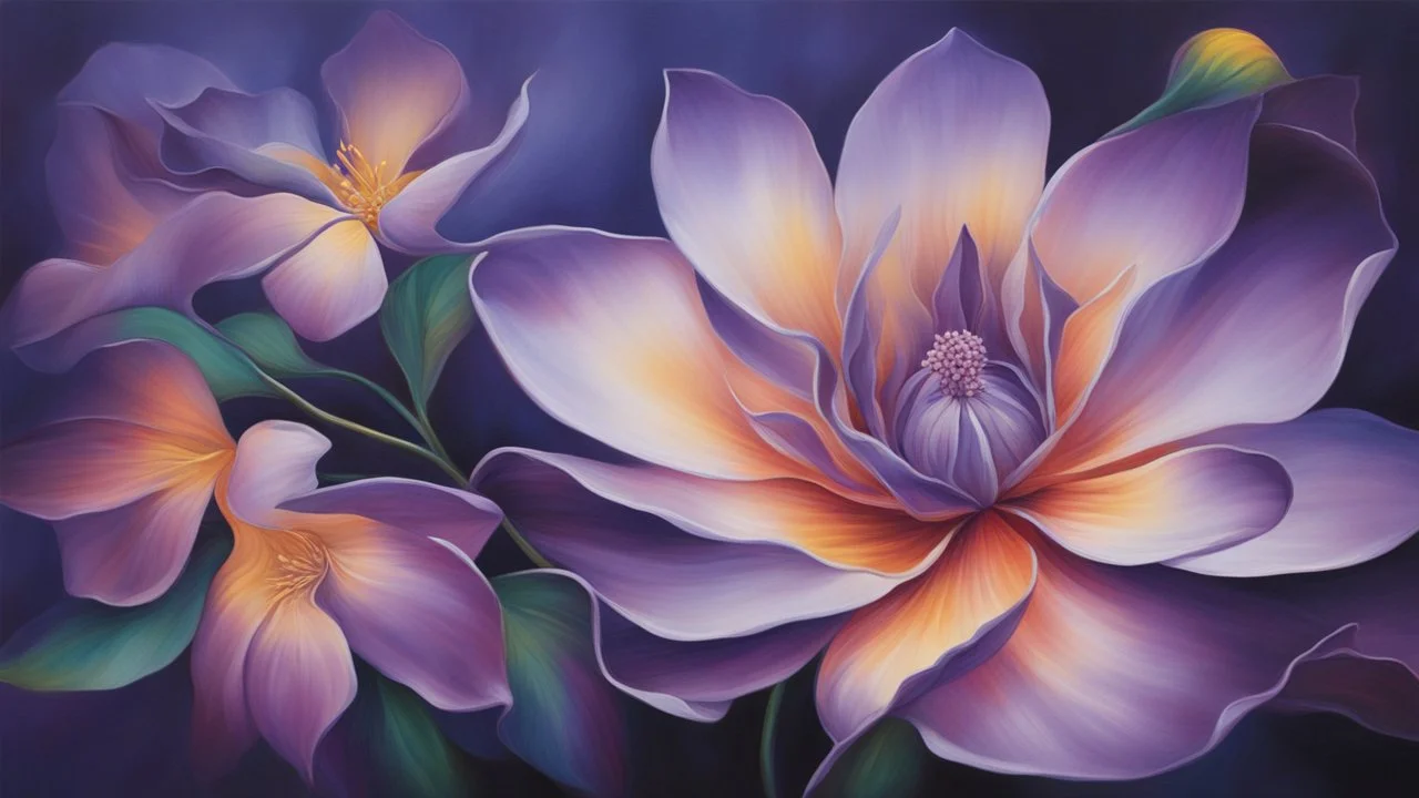 This artistic piece is an embodiment of beauty and harmony. It expertly blends the colors of the spectrum to create a mesmerizing effect that captivates both the eyes and the mind. The focal point of the artwork is a single flower, a deep lilac blossom with its delicate petals gleaming under the moonlight. The vibrant colors harmonize with the dark background in a way that creates a splendid contrast.