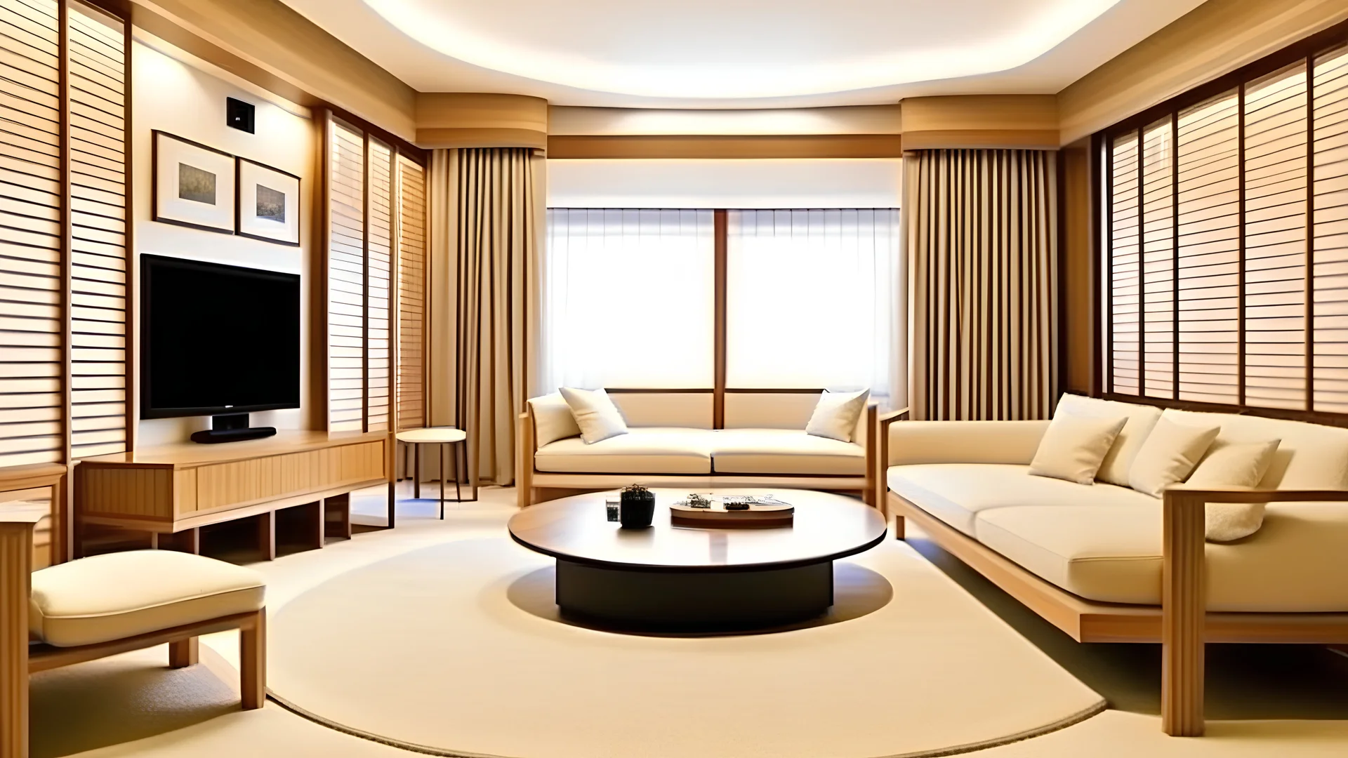sala estilo japandi con colores neutros claros, sofa con cama silla de acento blanca, mesa de centro ovalada y mesa lateral circular, con mueble de televisión