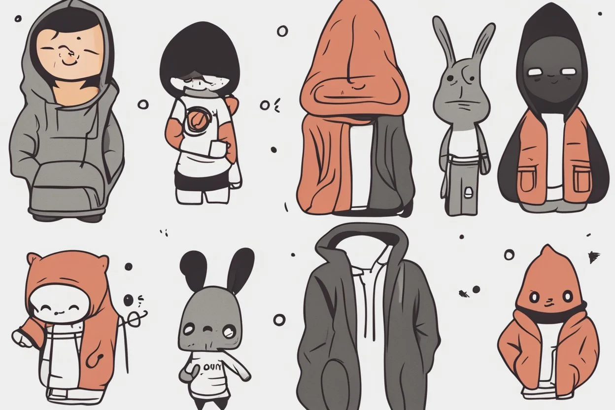 6 simple shaped hand drawn cartoon characters that are cute dark and have hoodies