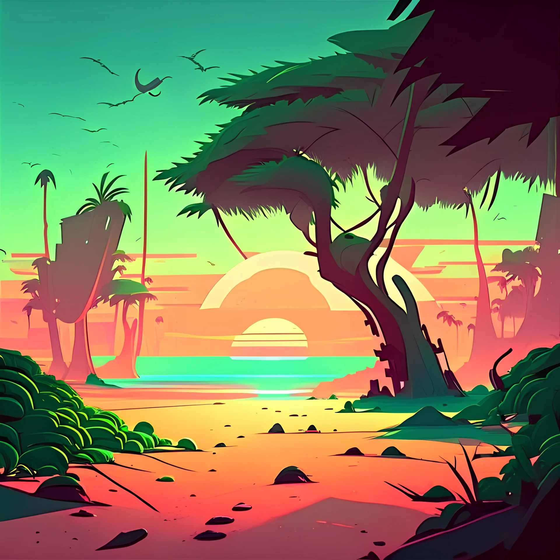 vampire futuristic world morning sunrise trees with green leaves and sandy beach cartoon