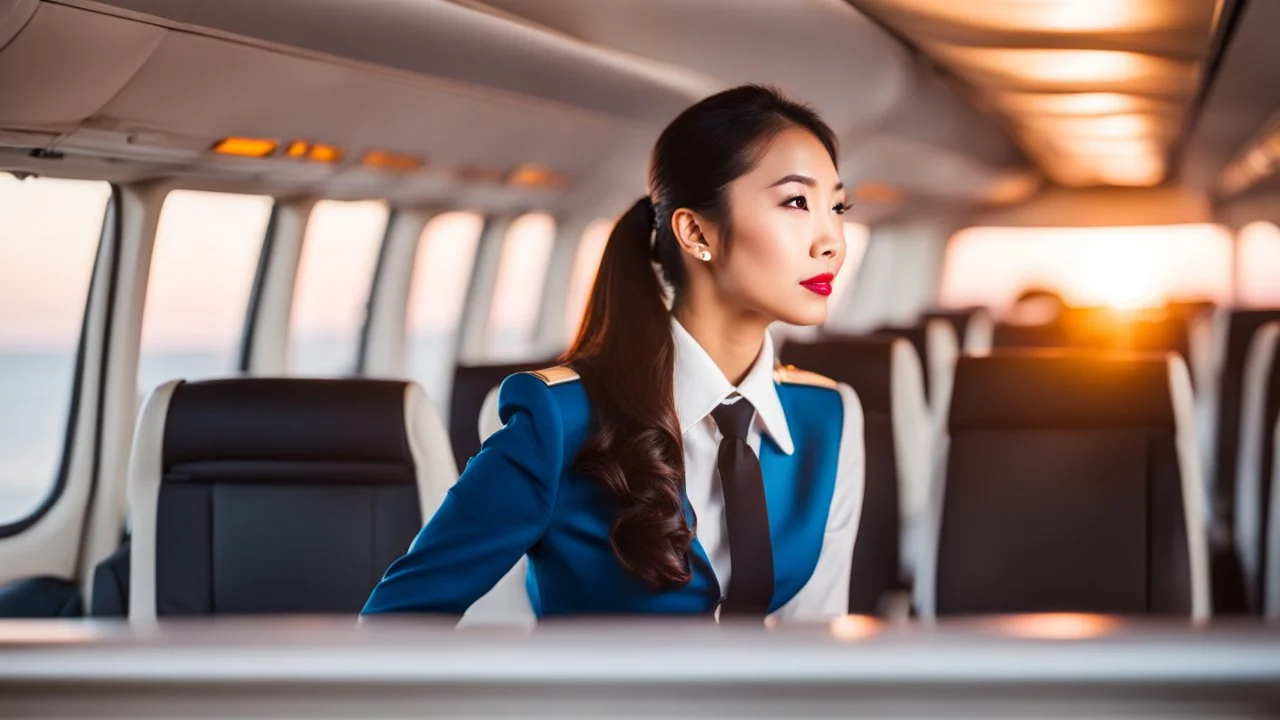 A gorgeous Asian model in an air hostess uniform looking out of the window at sunset